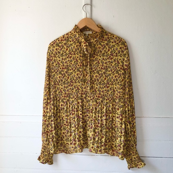 NEW Max Studio Yellow Floral Print Tie Neck Long Sleeve Release Pleat Blouse MED - Picture 6 of 12